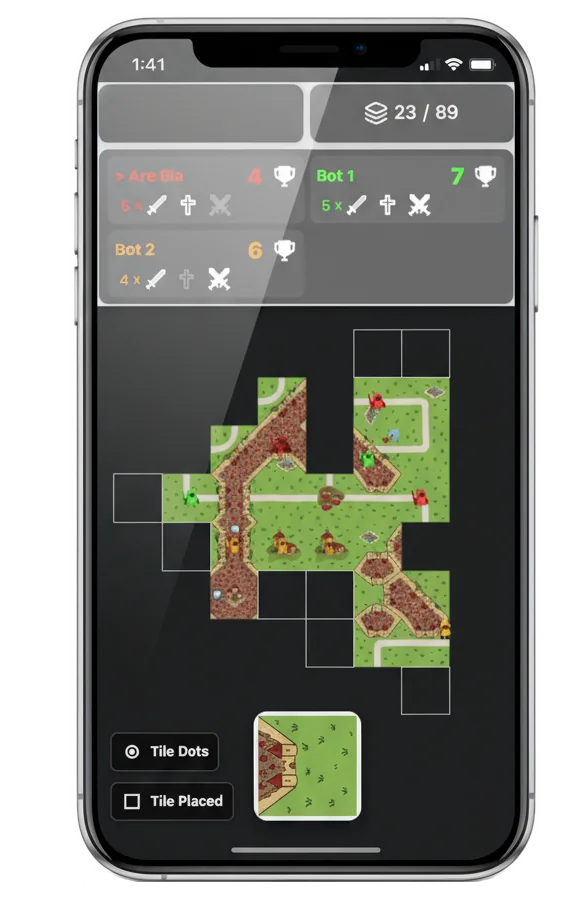 TileLord mobile version on smartphone showing touch-optimized Carcassonne-style tile placement game interface